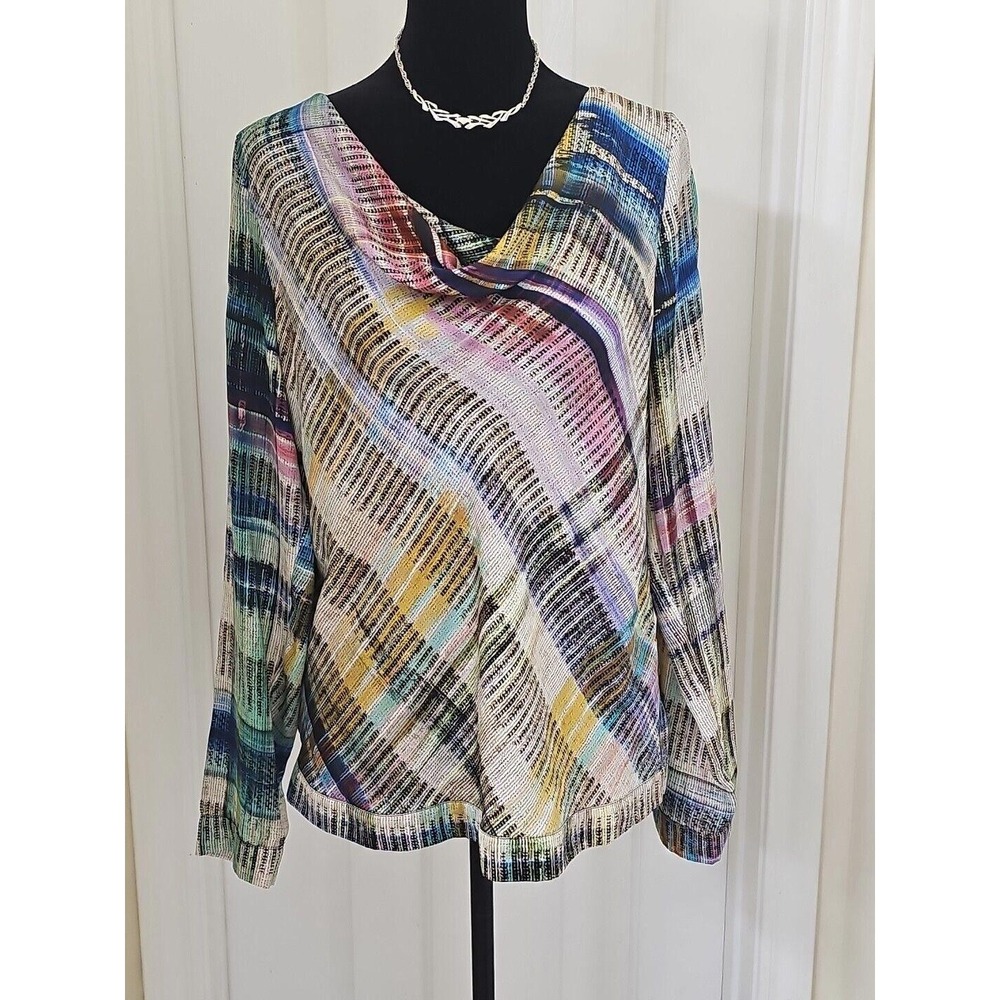 Y2K Esprit Women's Satin Cowl Neck Top 6 Multicolor Diagonal Stripes Vtg